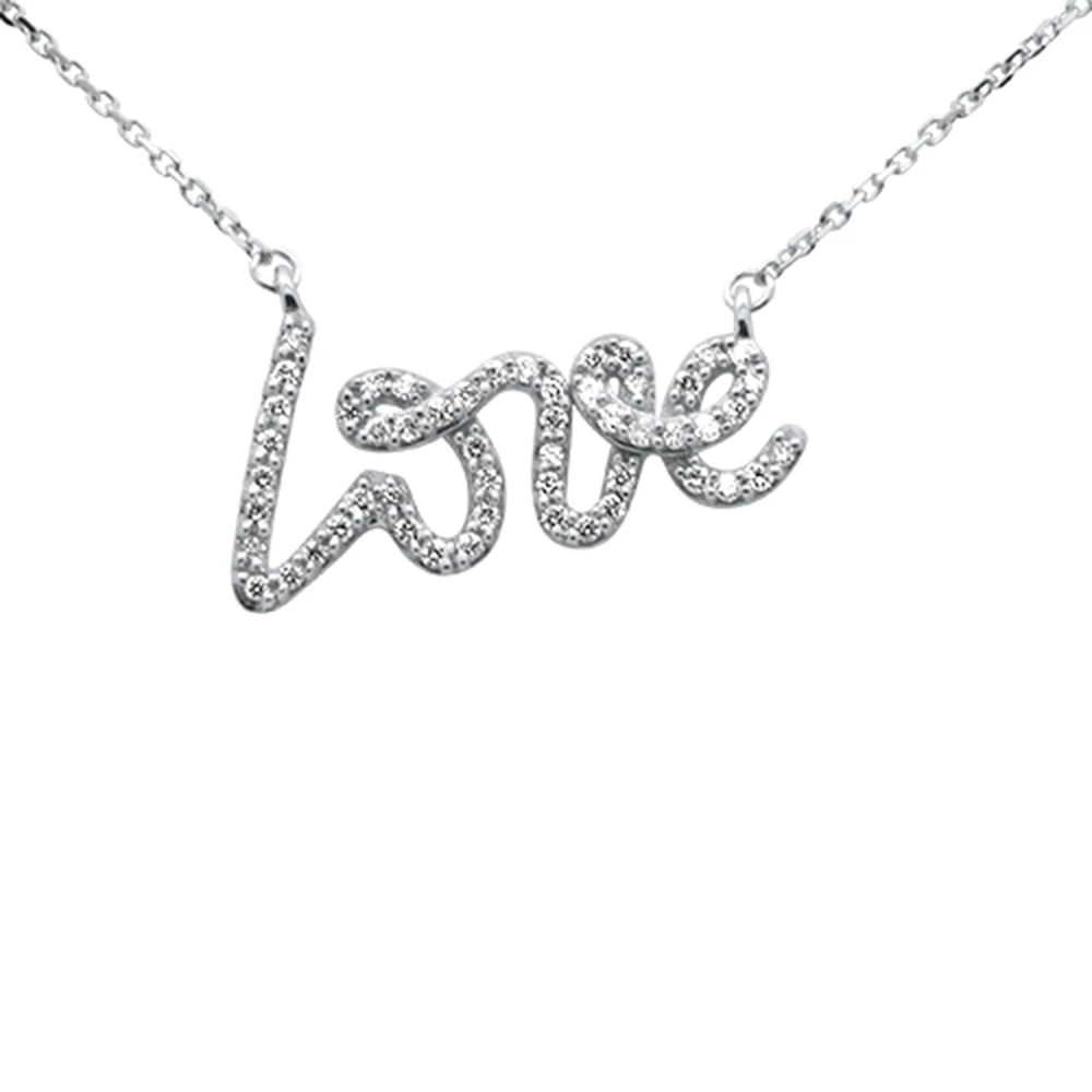 <span style="color:purple">SPECIAL!</span>.24ct G SI 14K White Gold Diamond "Love" Script Pendant Necklace 18" Long