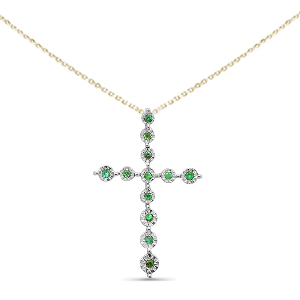 <span style="color:purple">SPECIAL!</span> .09ct G SI 14K Yellow Gold Emerald Gemstone Cross Charm Pendant Necklace 18" Long
