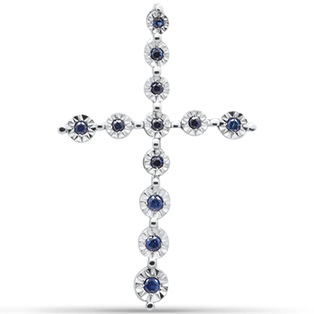 <span>GEMSTONE CLOSEOUT </span>! .12ct G SI 14K White Gold Diamond & Blue Sapphire Gemstone Cross Pendant No Chain