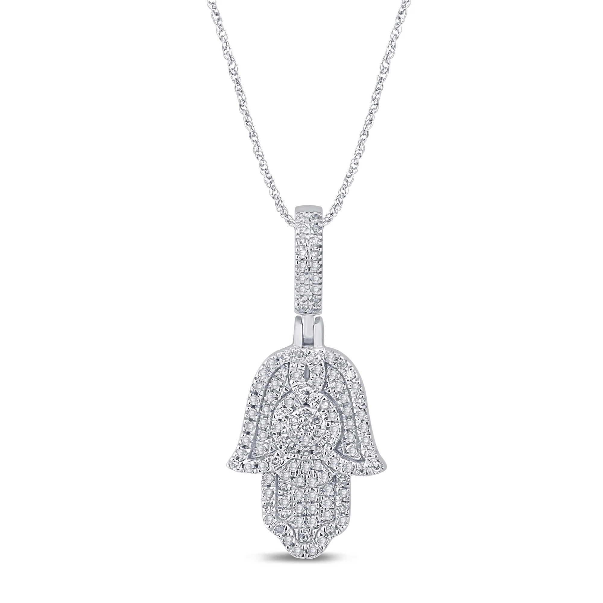 <span style="color:purple">SPECIAL!</span>.19ct G SI 14K White Gold Diamond Hamsa Pendant Necklace 18" Long