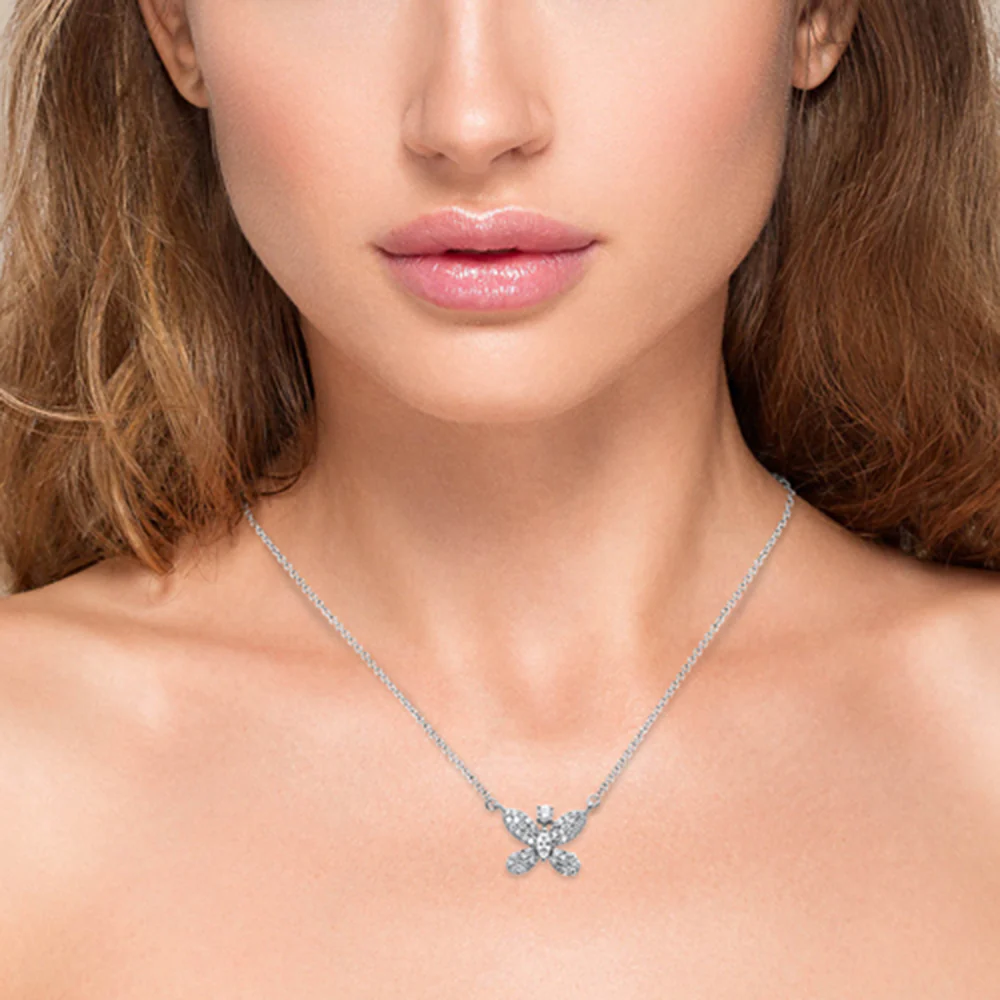 <span style="color:purple">SPECIAL!</span> .37ct G SI 14K White Gold Diamond Butterfly Pendant Necklace 18" Long - Image 2