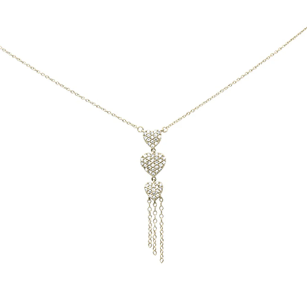 <span style="color:purple">SPECIAL!</span> .34ct G SI 14K Yellow Gold Diamond 3 Hearts Drop Pendant Necklace 16" Long Chain