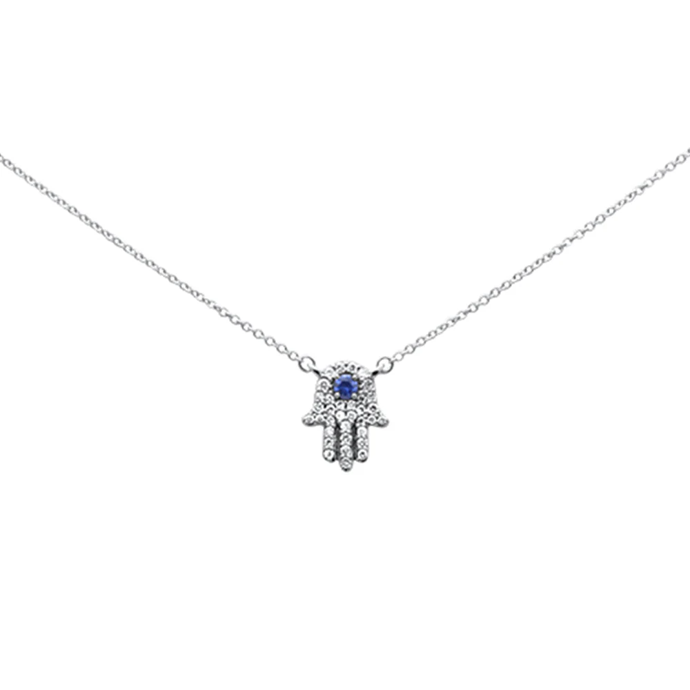 <span style="color:purple">SPECIAL!</span> .32ct G SI 14K White Gold Diamond & Blue Sapphire Hamsa Pendant Necklace 18" Long Chain