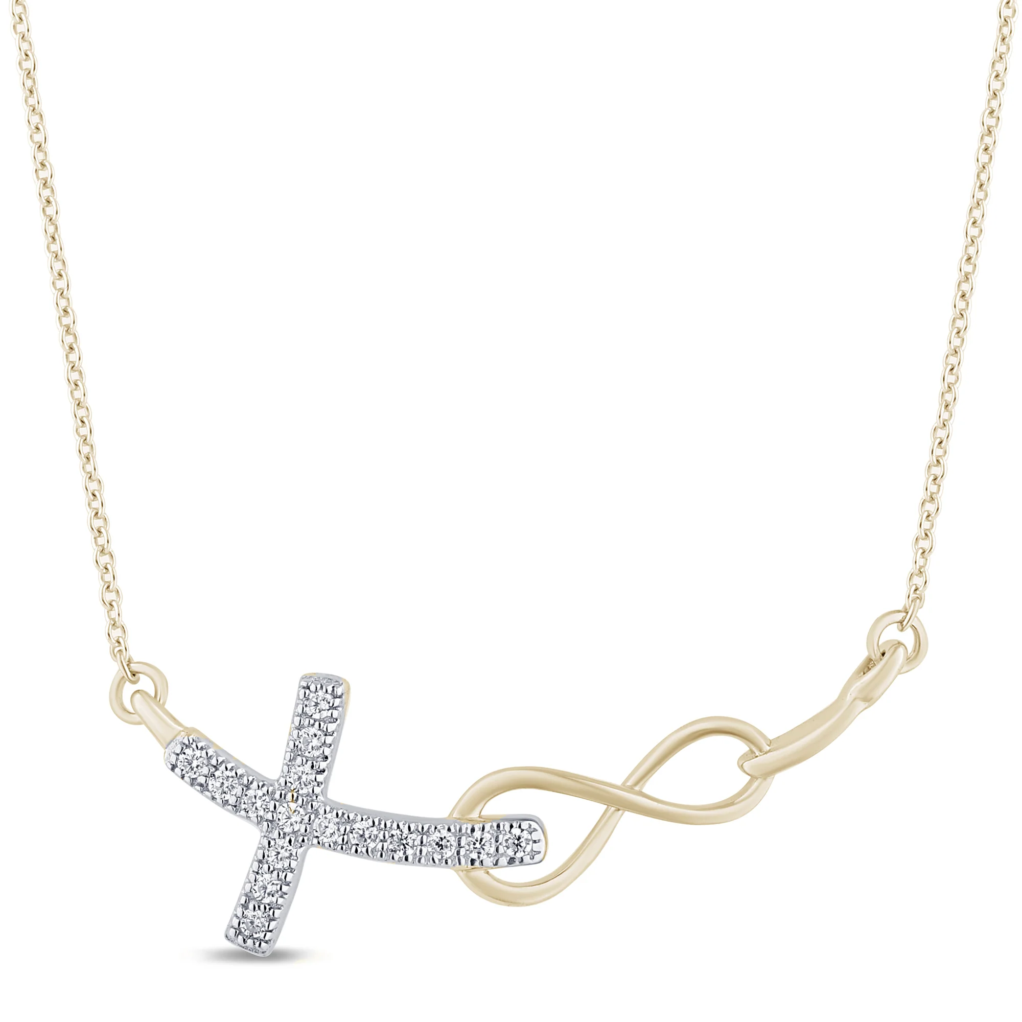 .06ct G SI 14K Yellow Gold Diamond Infinity and Cross Sideways Pendant Necklace 18" Long Chain