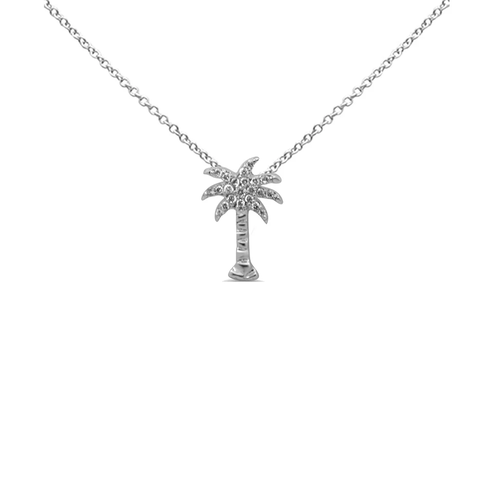 .12ct G SI 14K White Gold Diamond Palm Tree Pendant Necklace 18" Long