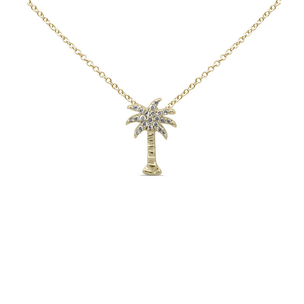 .11ct G SI 14K Yellow Gold Diamond Palm Tree Pendant Necklace 18" Long