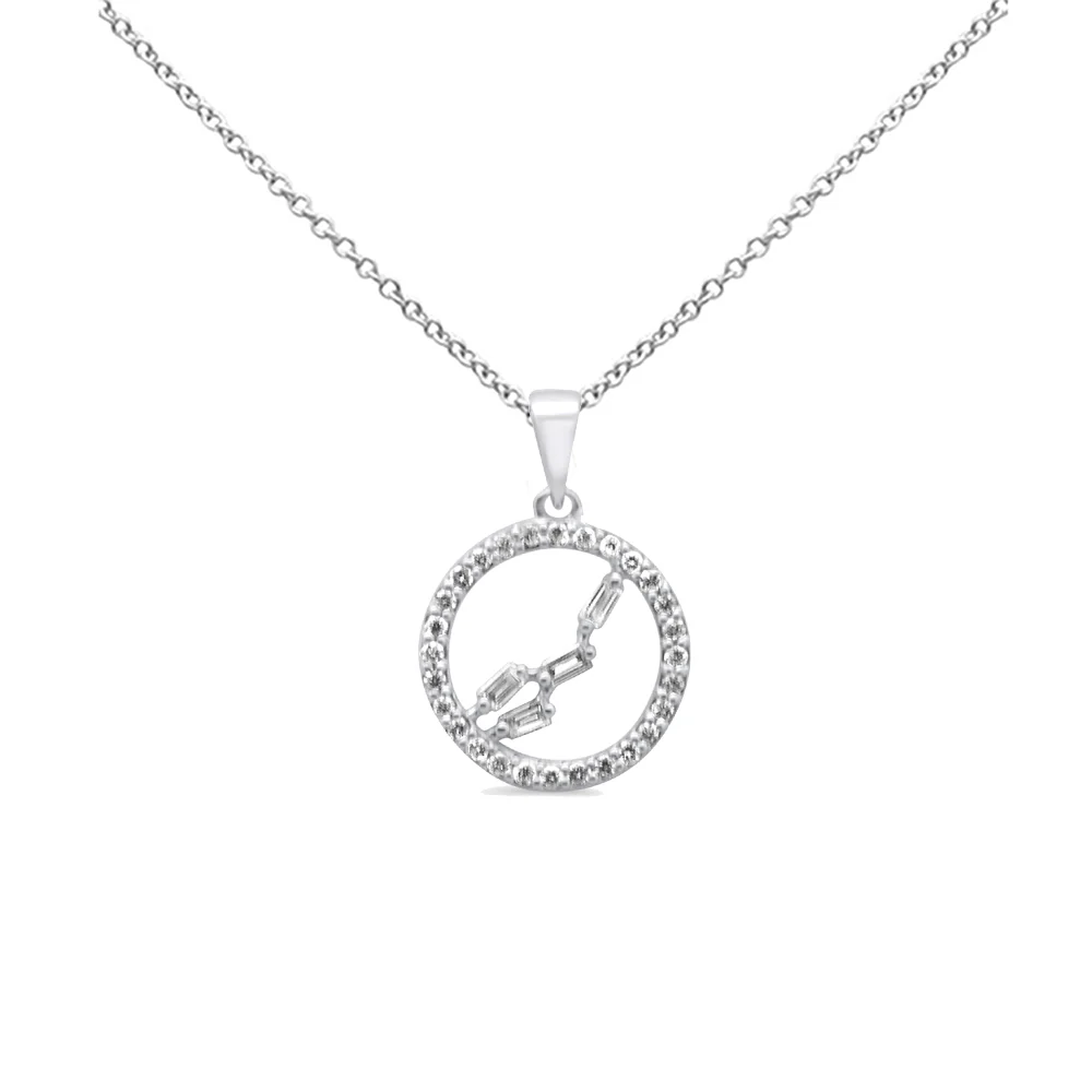 .18ct G SI 14K White Gold Round & Baguette Diamond Horoscope Pendant Necklace 18" Long