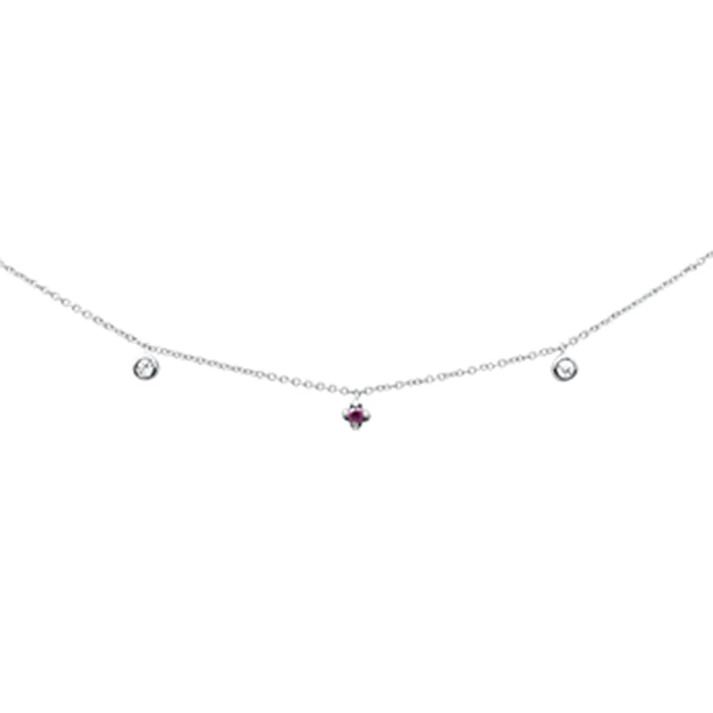 <span>DIAMOND CLOSEOUT! </span> .10ct G SI 14K White Gold Diamond & Ruby Gemstone Dangling Pendant Necklace 16+2"Ext Long Chain