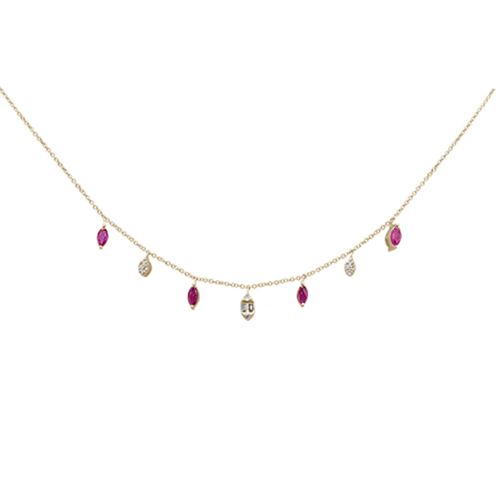 <span style="color:purple">SPECIAL!</span> .80ct G SI 14K Yellow Gold Diamond & Ruby Gemstone Dangling Pendant Necklace 16+2"Ext Long Chain