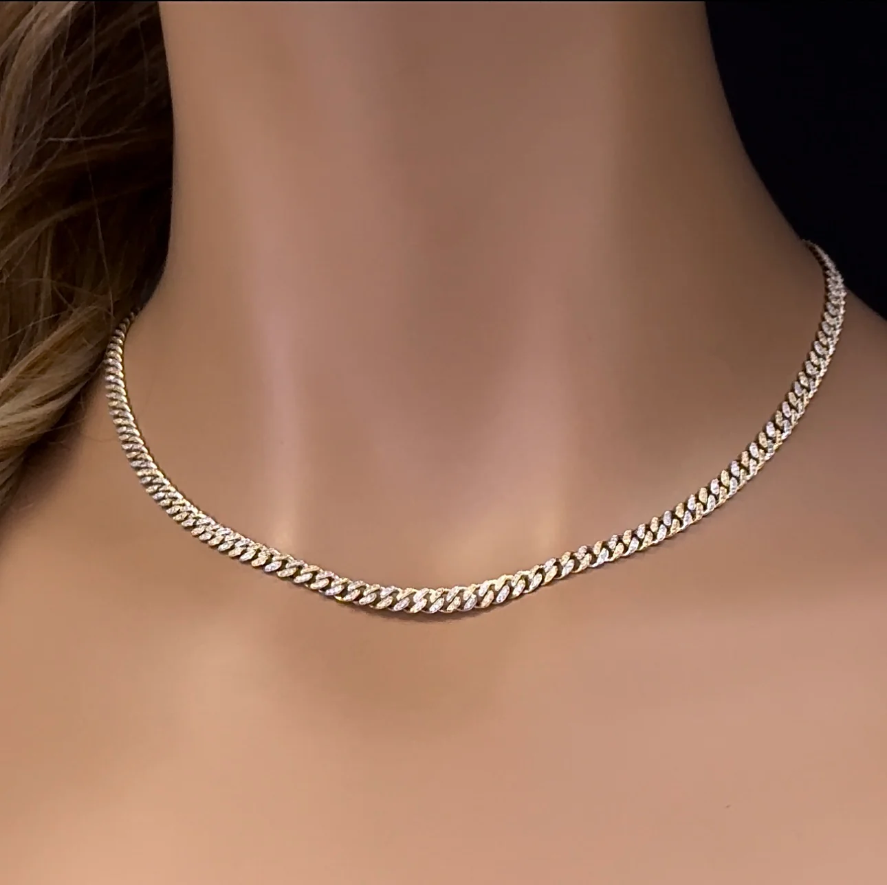 <span style="color:purple">SPECIAL!</span>4MM 1.70ct G SI 14K White & Yellow Gold Two Tone Diamond Cuban Necklace 16" Long