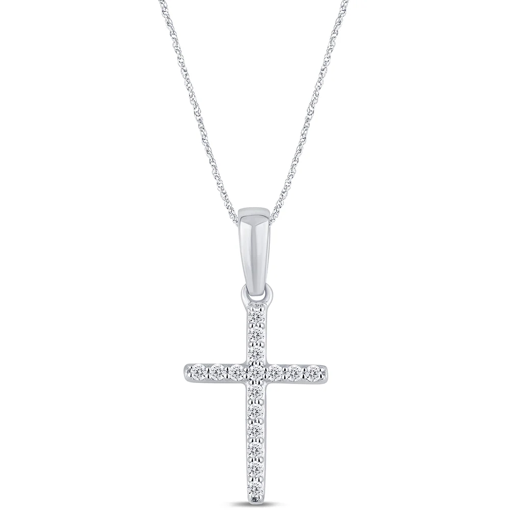 .11ct G SI 14K White Gold Diamond Cross Pendant Necklace 18" Long