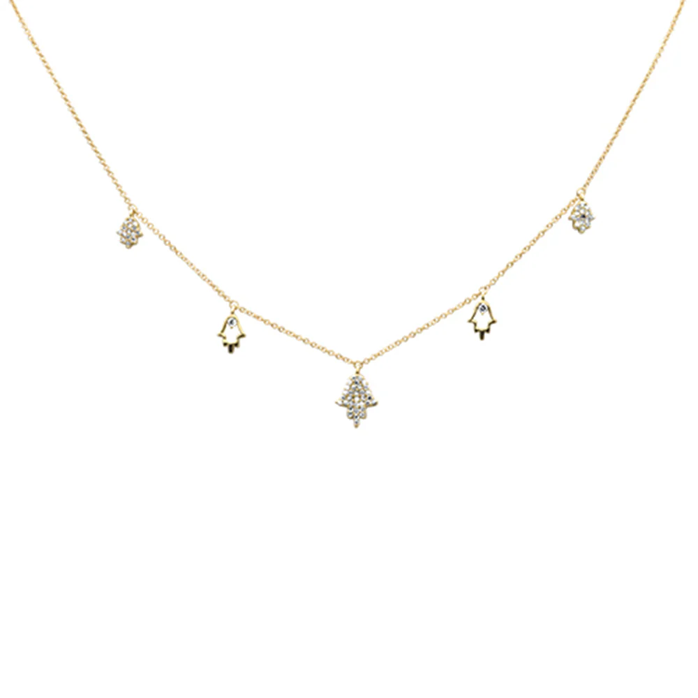 <span style="color:purple">SPECIAL!</span>.27ct G SI 14K Yellow Gold Diamond Hamsa Pendant Necklace 16+2" Long