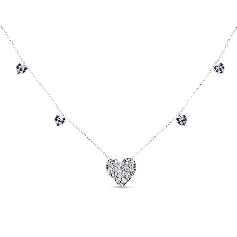 <span style="color:purple">SPECIAL!</span>.44ct G SI 14K White Gold Diamond & Blue Sapphire Gemstone Pendant Necklace 16+2" Long