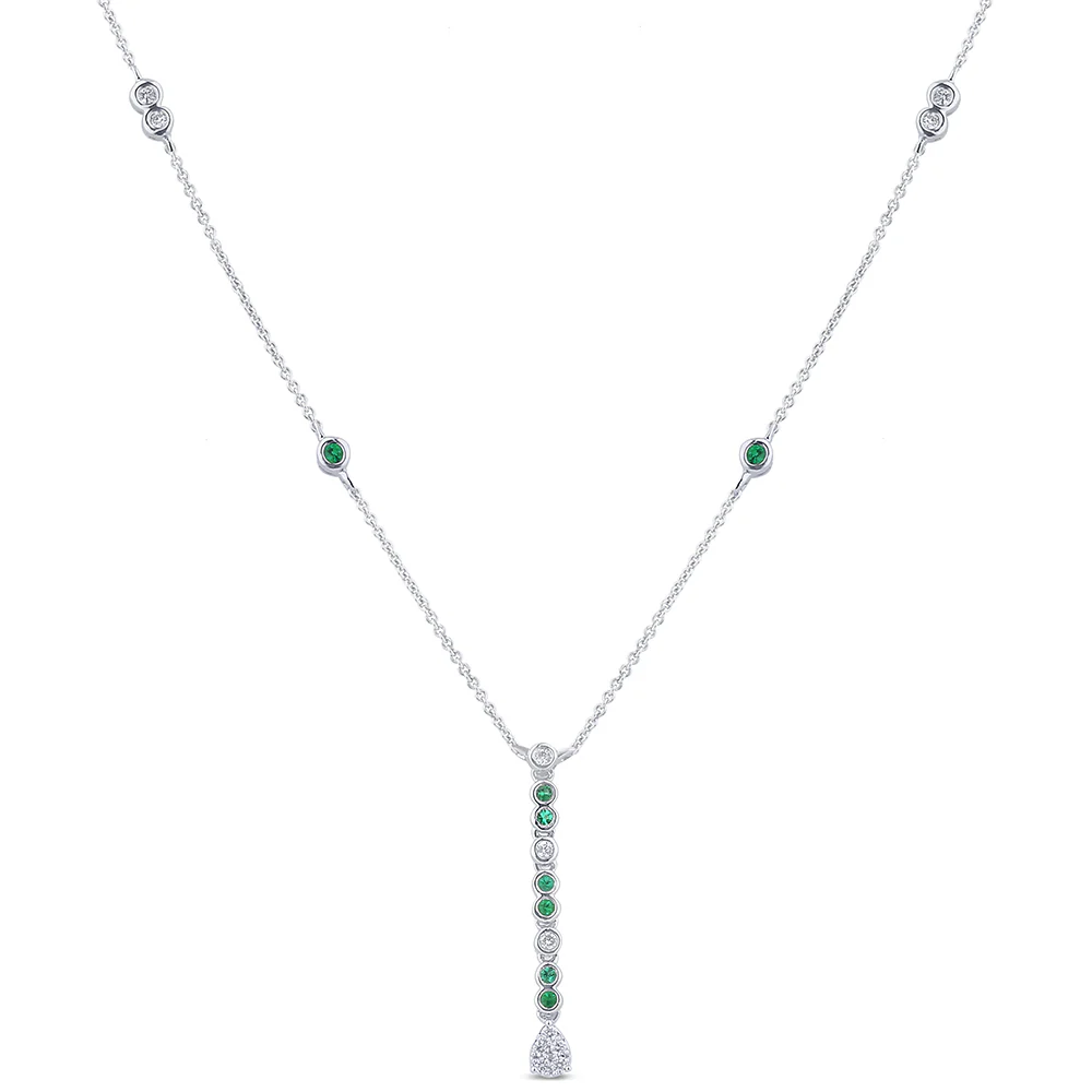 <span>DIAMOND CLOSEOUT! </span> .22ct G SI 14K White Gold Diamond & Emerald Gemstone Pendant Necklace 16+2" Long