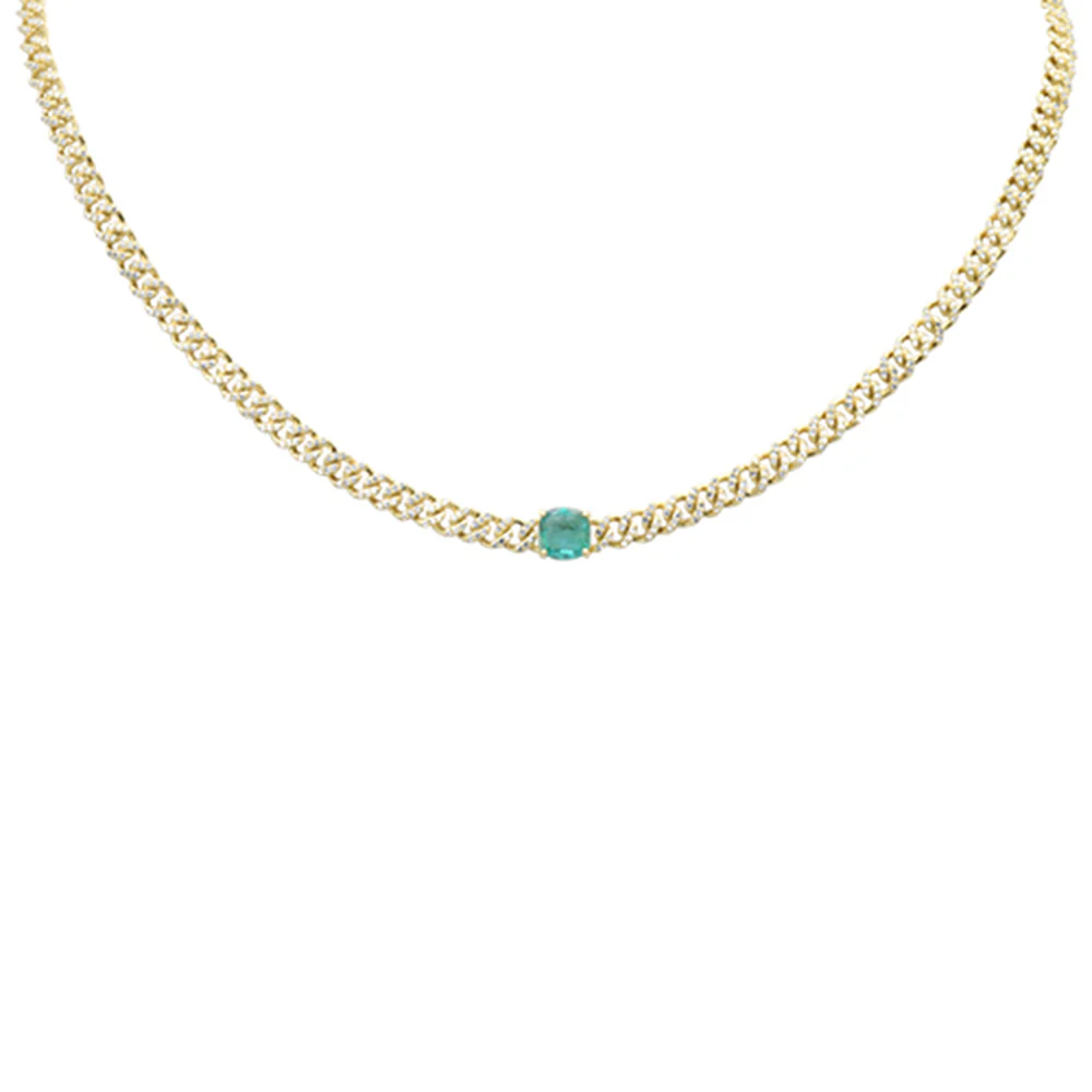 <span style="color:purple">SPECIAL!</span>2.31ct G SI 14K Yellow Gold Emerald Gemstone & Diamond Cuban Necklace 13+3" Long