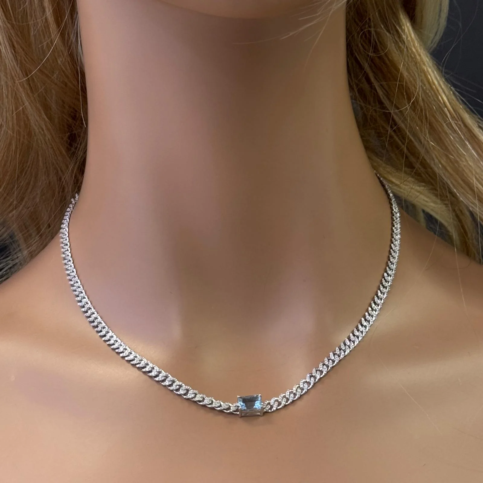 <span>GEMSTONE CLOSEOUT! </span> 2.46ct G SI 14K White Gold Aquamarine Gemstone & Diamond Cuban Necklace 13+3" Long - Image 2