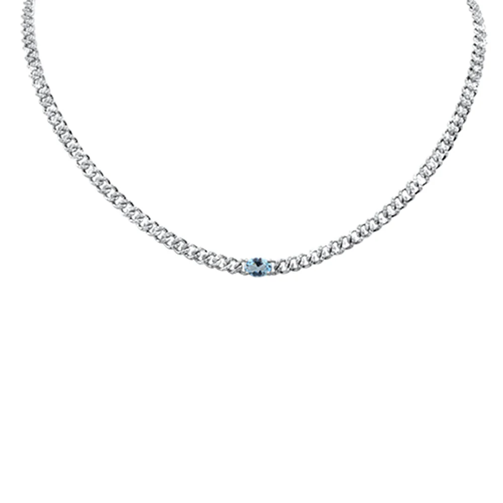 <span>GEMSTONE  CLOSEOUT! </span> 2.03ct G SI 14K White Gold Oval Shaped Aqua Gemstone & Diamond Cuban Necklace 13+3" Long