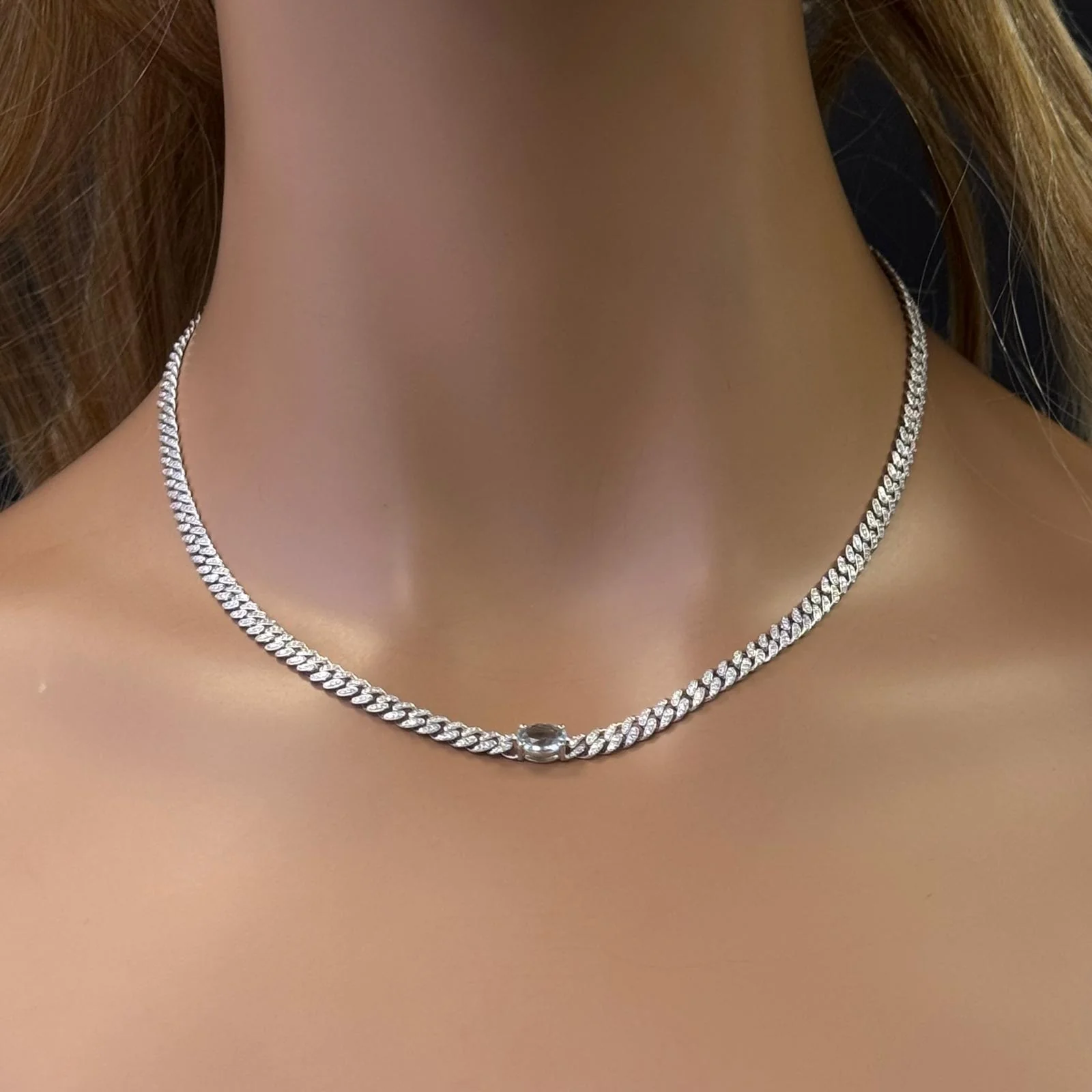 <span>GEMSTONE  CLOSEOUT! </span> 2.03ct G SI 14K White Gold Oval Shaped Aqua Gemstone & Diamond Cuban Necklace 13+3" Long - Image 2