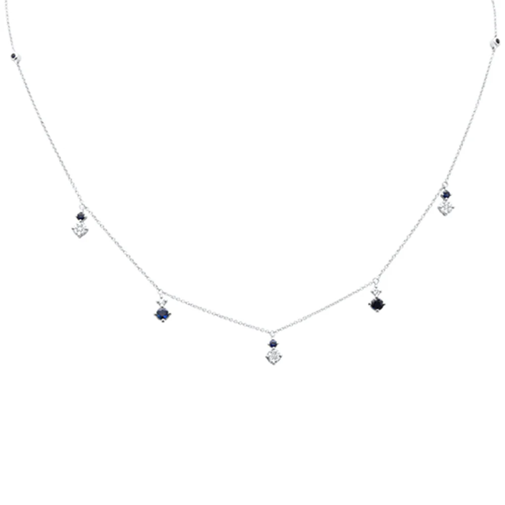 <span style="color:purple">SPECIAL!</span>.82ct G SI 14K White Gold Diamond & Blue Sapphire Gemstone Pendant Necklace 16+2" Long
