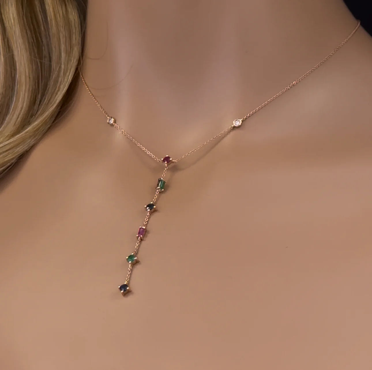 <span>GEMSTONE CLOSEOUT! </span>  .80ct G SI 14K Rose Gold Diamond & Multi Color Gemstone Drop Lariat Necklace 16+2" Ext - Image 2