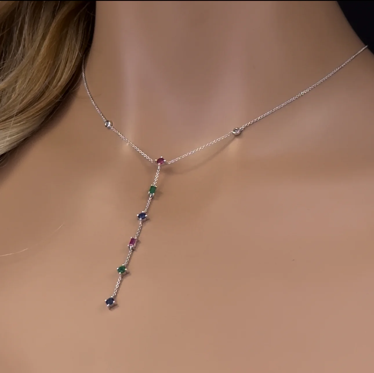<span>GEMSTONE CLOSEOUT! </span>.81ct G SI 14K White Gold Diamond & Multi Color Gemstones Pendant Necklace 18" Long - Image 2