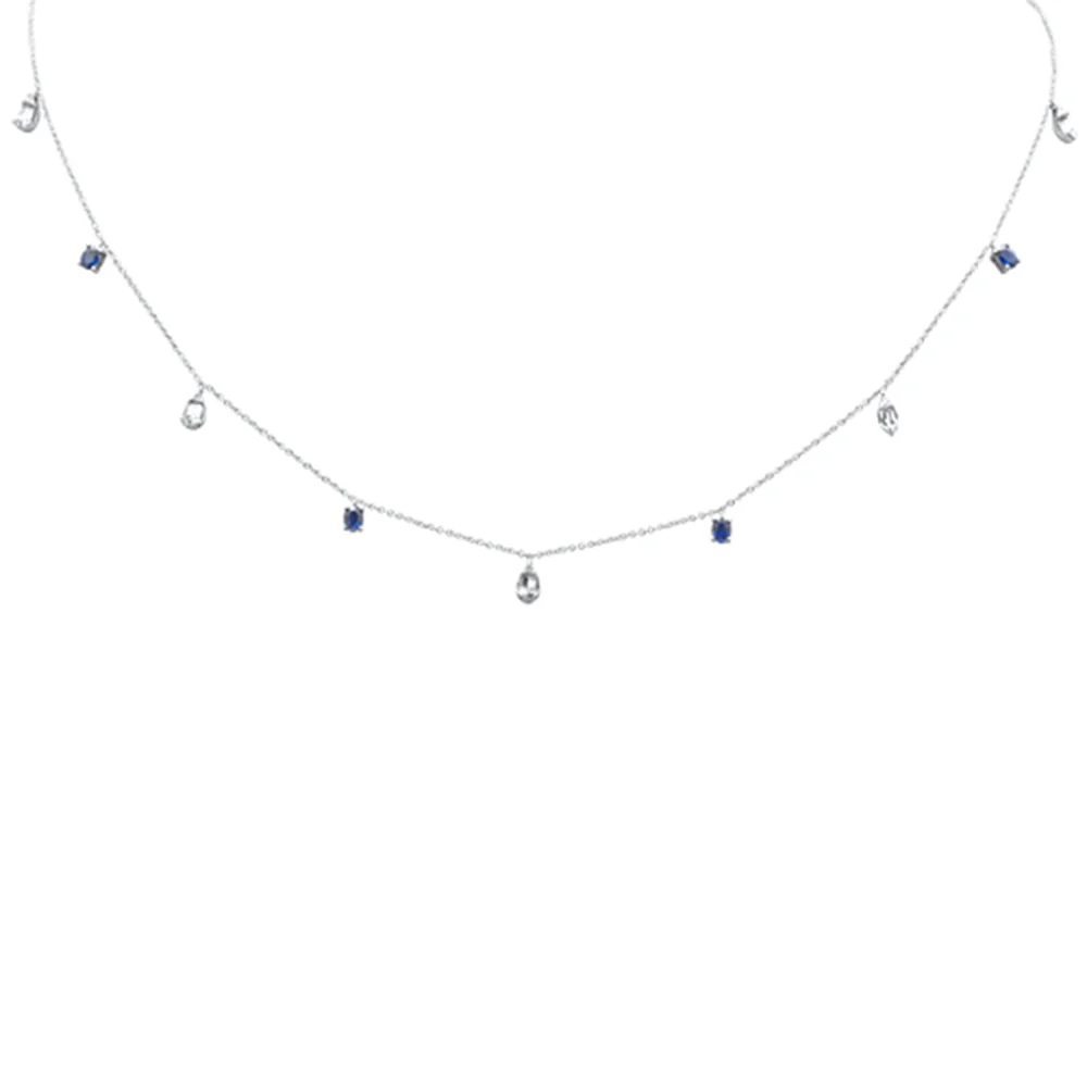 <span style="color:purple">SPECIAL!</span>1.18ct G SI 14K White Gold Diamond & Blue Sapphire Gemstone Pendant Necklace 16+2" Long