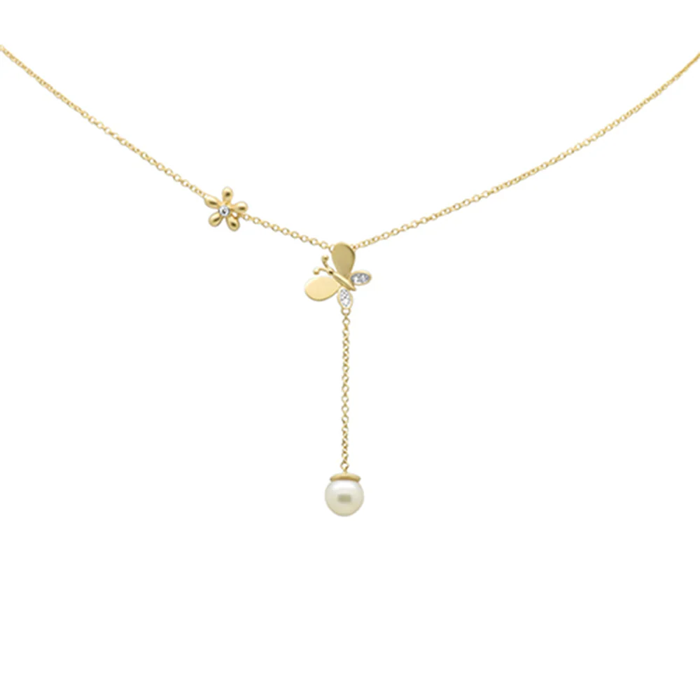 <span>DIAMOND CLOSEOUT! </span>.05ct G SI 14K Yellow Gold Diamond Butterfly Pearl Pendant Necklace 18" Long Chain