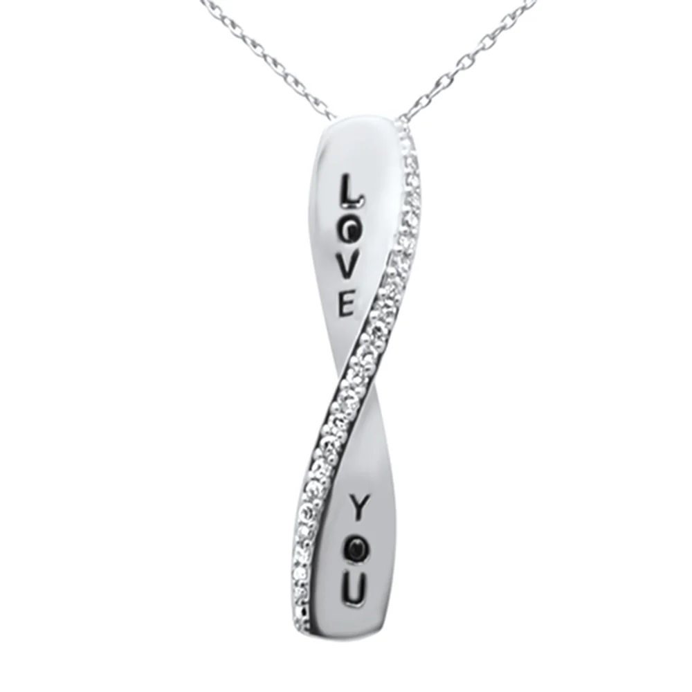 <span style="color:purple">SPECIAL!</span>.13ct G SI 14K White Gold Diamond "Love You" Engraved Pendant Necklace 18" Long Chain