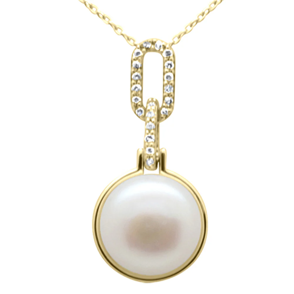 <span style="color:purple">SPECIAL!</span>.10ct G SI 14K Yellow Gold Diamond Pearl Pendant Necklace 18" Long Chain