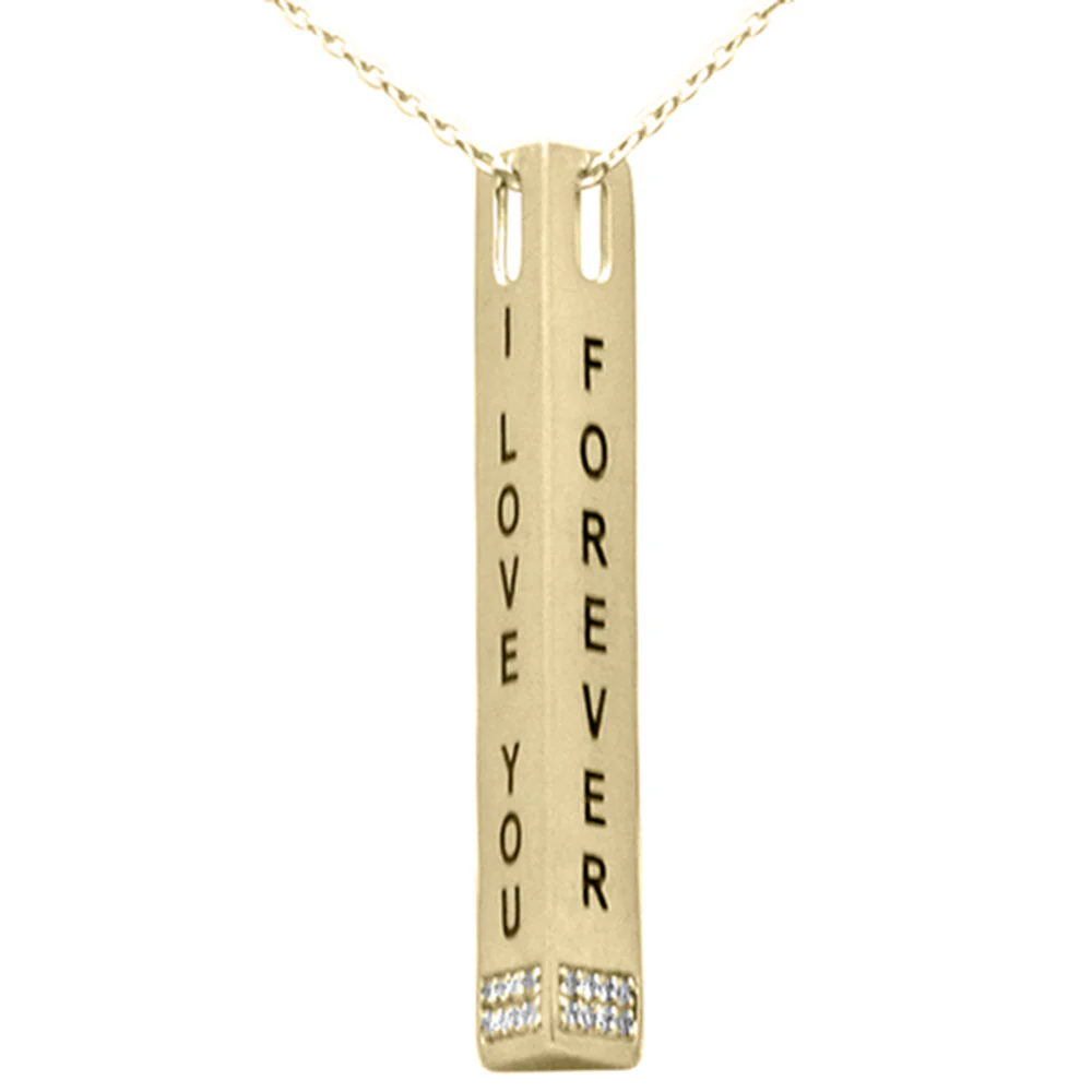 <span style="color:purple">SPECIAL!</span>.08ct G SI 14K Yellow Gold Diamond "I Love You Forever" Engraved Pendant Necklace 18" Long Chain