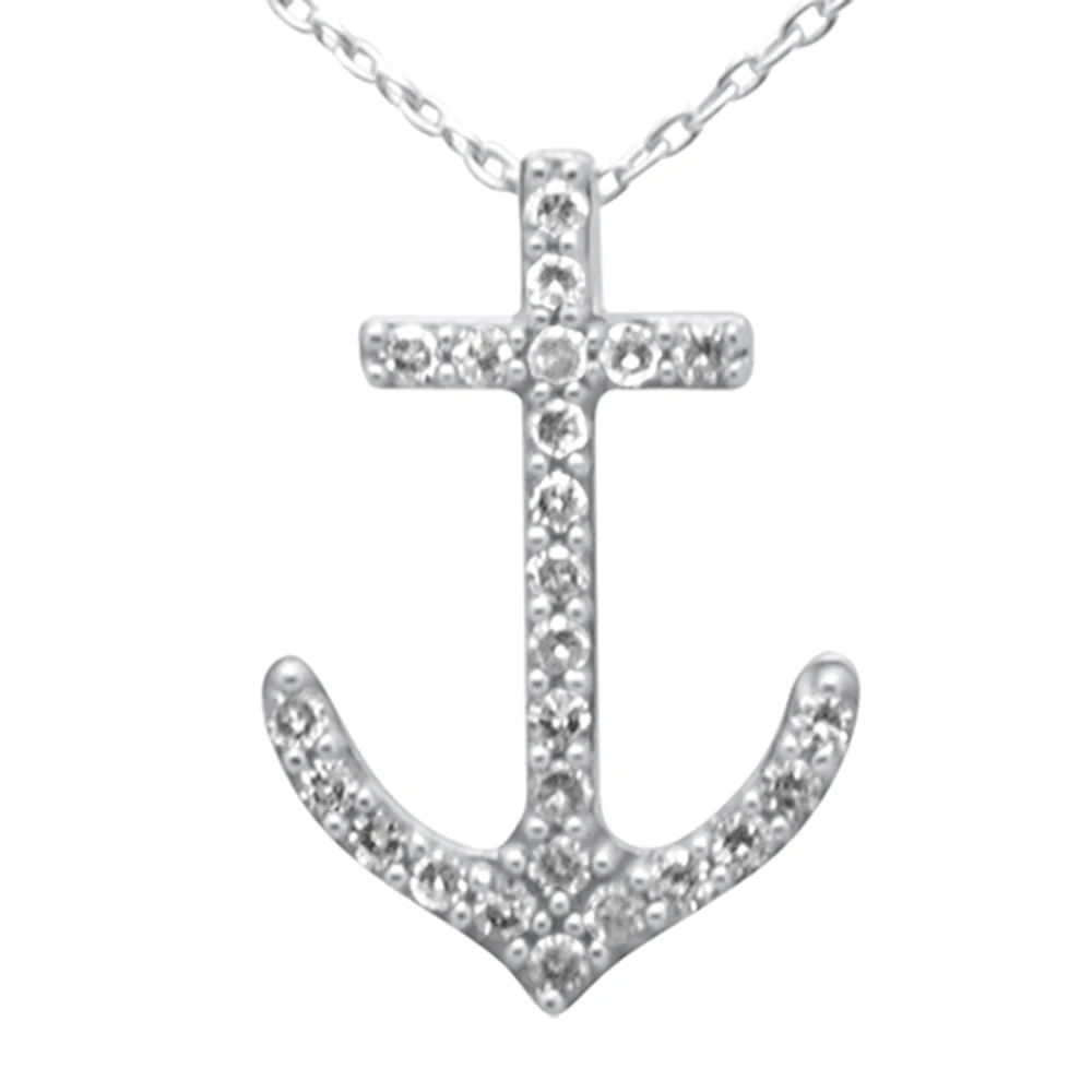 <span style="color:purple">SPECIAL!</span> .20ct G SI 14K White Gold Diamond Anchor Pendant Necklace 18" Long Chain