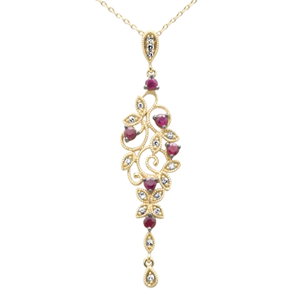 <span>GEMSTONE CLOSEOUT! </span>.48ct G SI 14K Yellow Gold Diamond & Ruby Gemstones Pendant Necklace 18" Long Chain