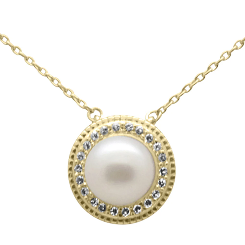 <span style="color:purple">SPECIAL!</span> .11ct G SI 14K Yellow Gold Diamond Pearl Pendant Necklace 18" Long Chain
