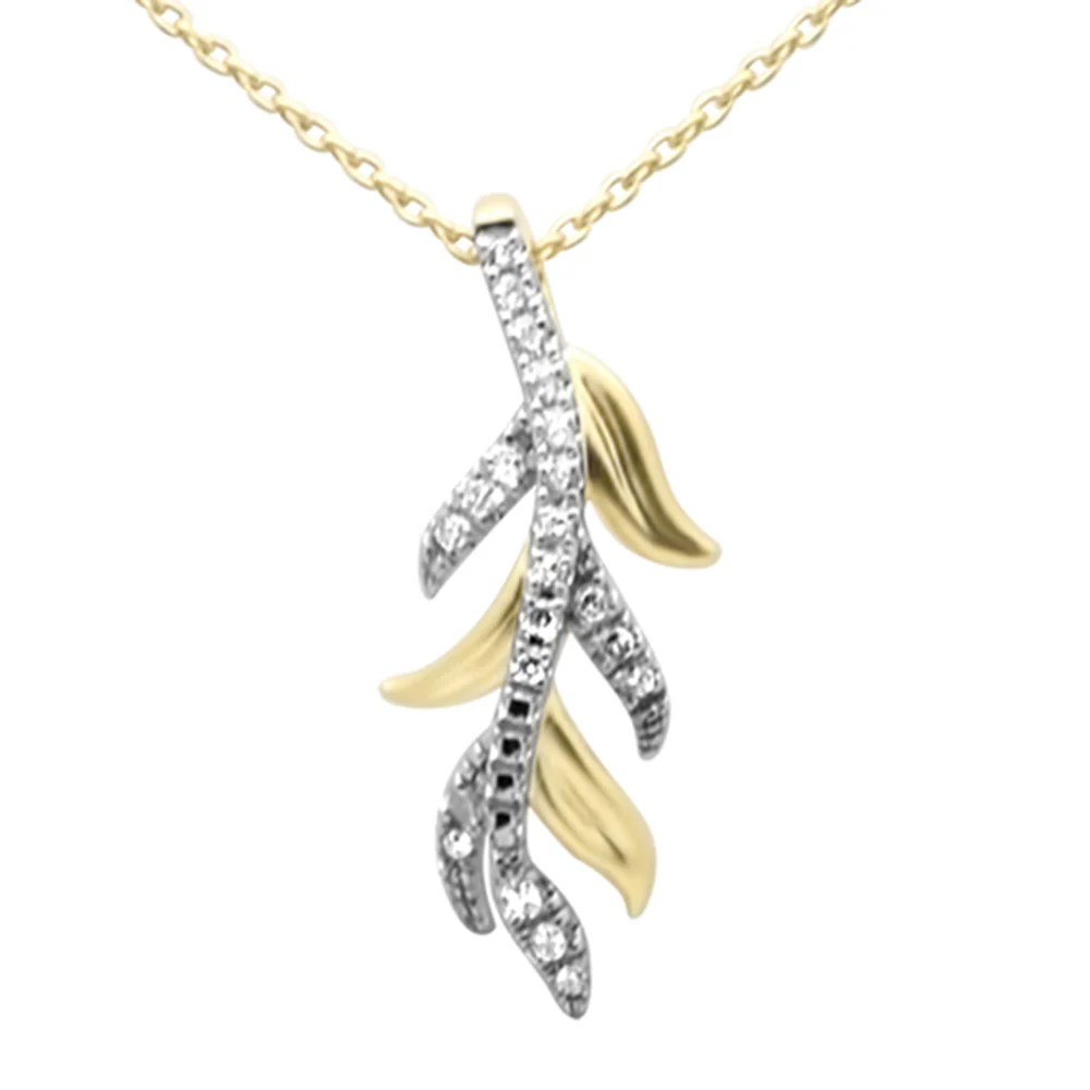 <span style="color:purple">SPECIAL!</span> .10ct G SI 14K Yellow Gold Diamond Leaf Pendant Necklace 18" Long Chain