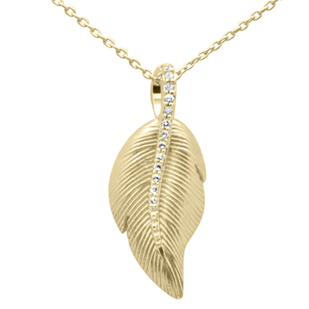 <span style="color:purple">SPECIAL!</span> .06ct G SI 14K Yellow Gold Diamond Leaf Pendant Necklace 18" Long Chain