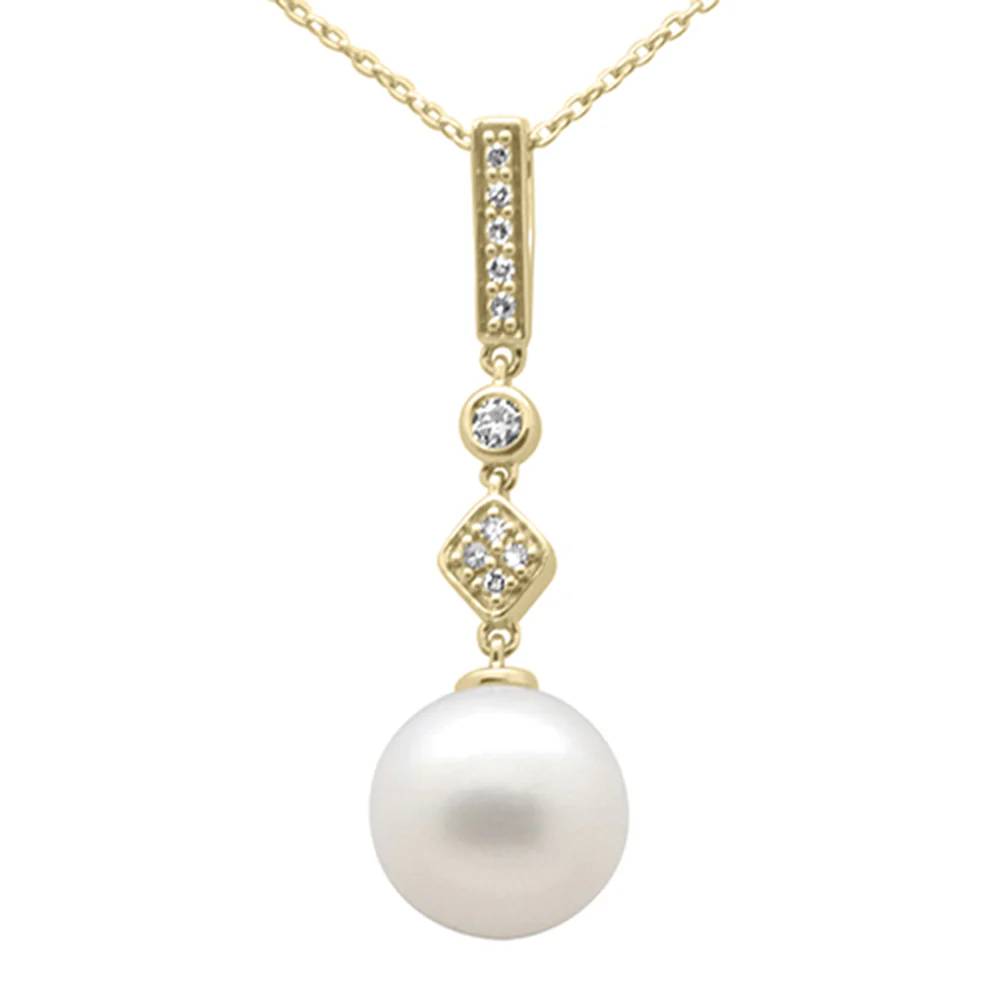 <span style="color:purple">SPECIAL!</span> .10ct G SI 14K Yellow Gold Diamond Pearl Pendant Necklace 18" Long Chain