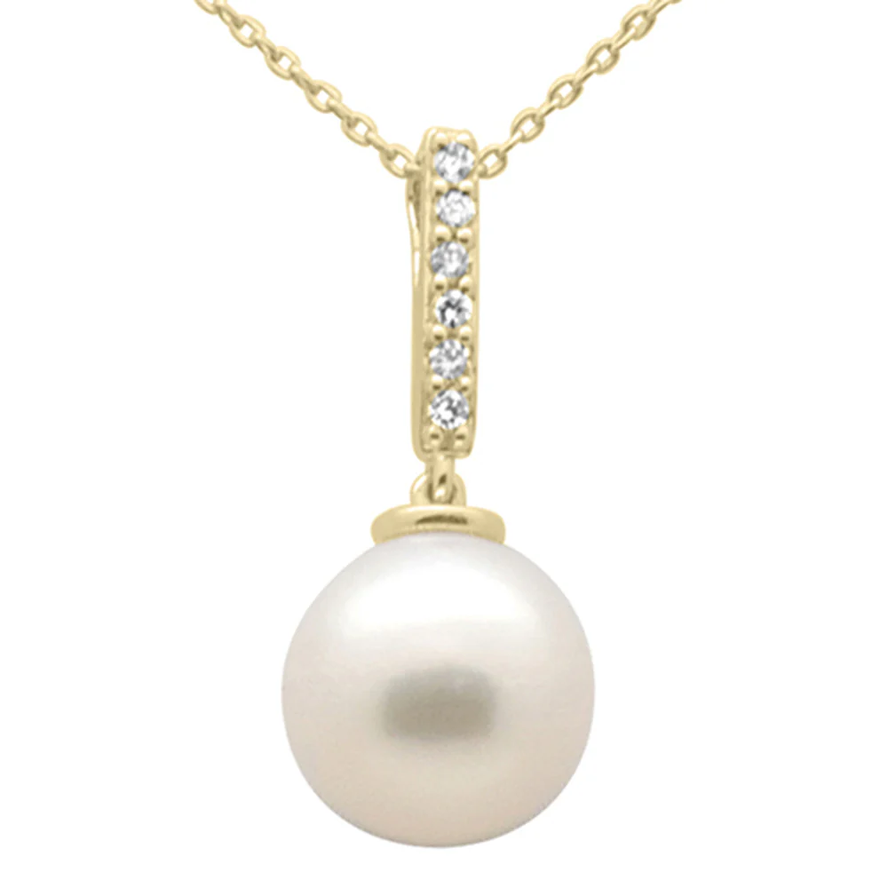 <span style="color:purple">SPECIAL!</span>.07ct G SI 14K Yellow Gold Diamond Pearl Pendant Necklace 18" Long Chain