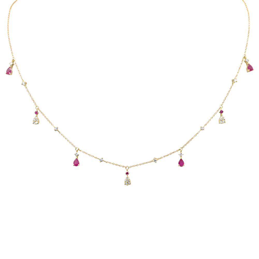 <span style="color:purple">SPECIAL!</span> .35ct G SI 14K Yellow Gold Diamond & Ruby Gemstone Dangling Pendant Necklace 16" +2" EXT