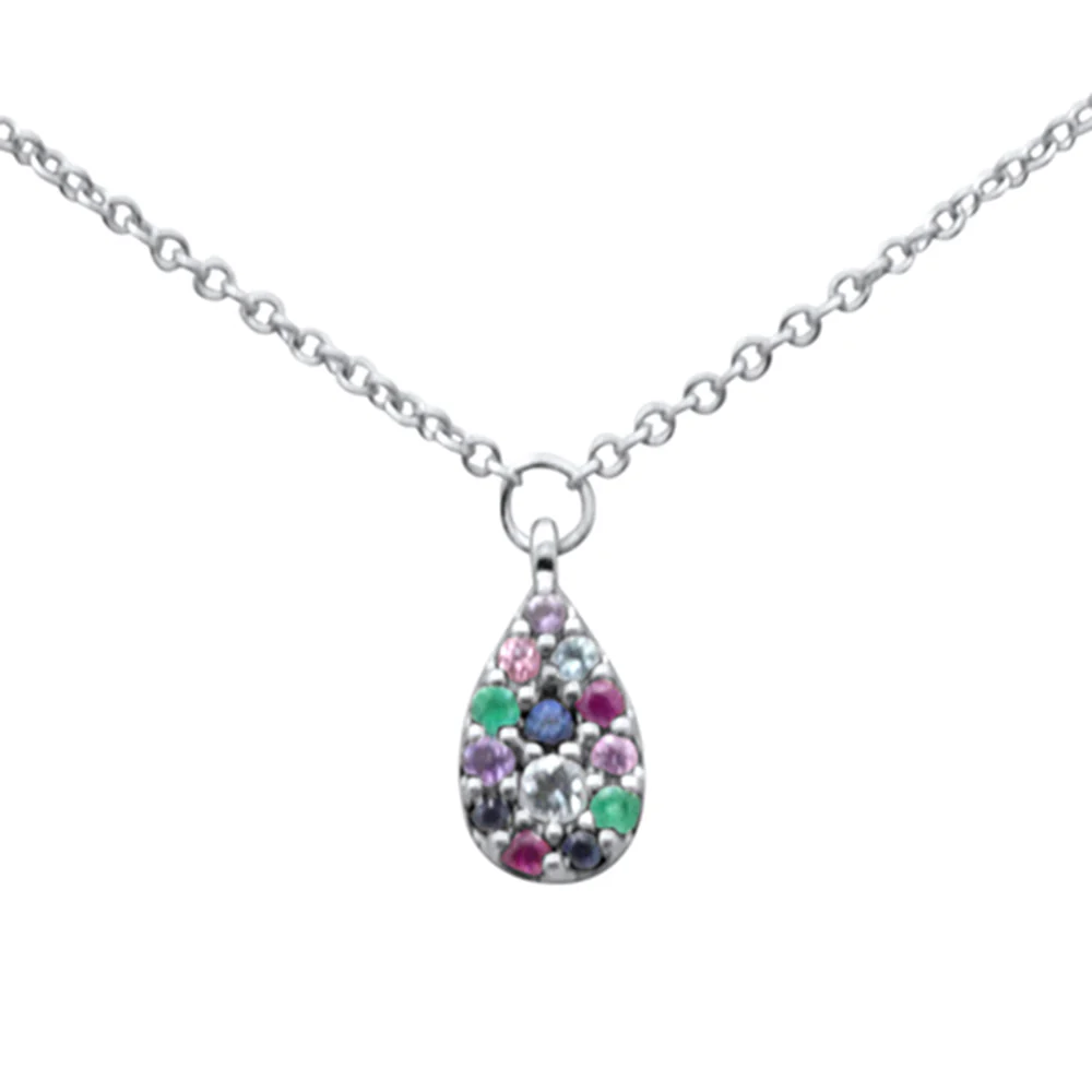 <span style="color:purple">SPECIAL!</span> .12ct G SI 14K White Gold Multi Color Gemstone Pendant Necklace 16" +2" EXT