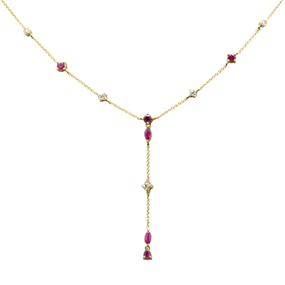 <span>GEMSTONE CLOSEOUT! </span> 1.13ct G SI 14K Yellow Gold Diamond & Ruby Gemstone Dangling Pendant Necklace 16" +2" EXT