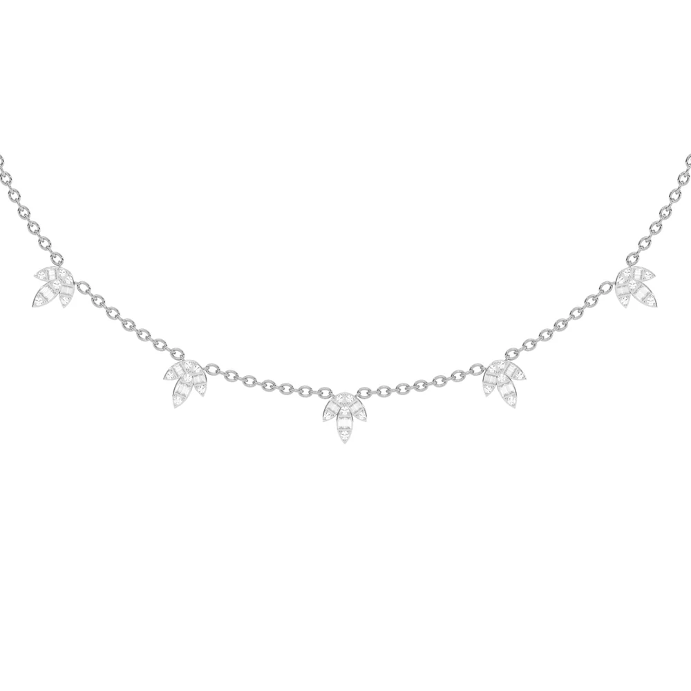 <span style="color:purple">SPECIAL!</span>.89ct G SI 14K White Gold Diamond Round & Baguette Leaf Pendant Necklace 16" +2" EXT