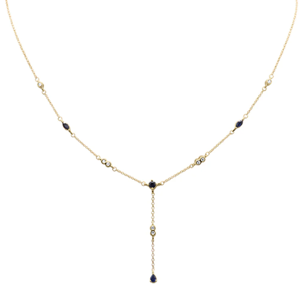 <span>GEMSTONE CLOSEOUT! </span> .91ct G SI 14K Yellow Gold Diamond & Blue Sapphire Gemstone Drop Pendant Necklace 16" + 2" EXT