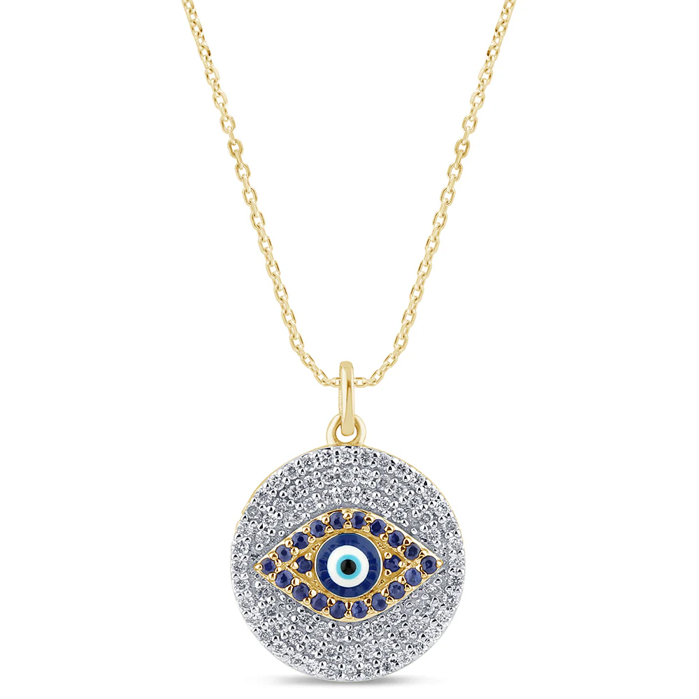 <span style="color:purple">SPECIAL!</span> .49ct G SI 14K Yellow Gold Diamond & Blue Sapphire Gemstones Round Evil Eye Pendant Necklace 18" Long - Image 3