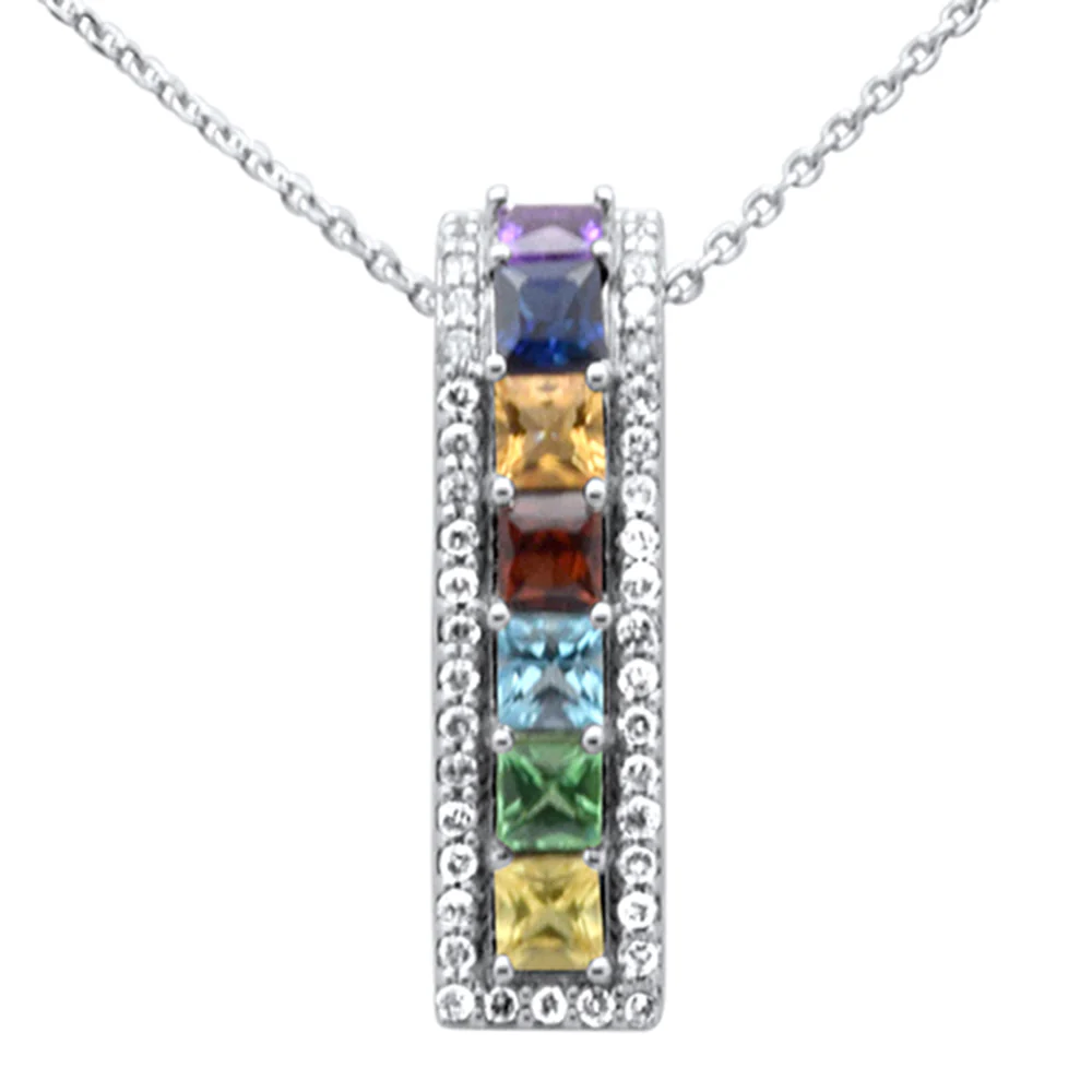 <span style="color:purple">SPECIAL!</span> 1.61ct G SI 14K White Gold Diamond & Multi Color Gemstones Pendant Neklace 16 + 2" Long