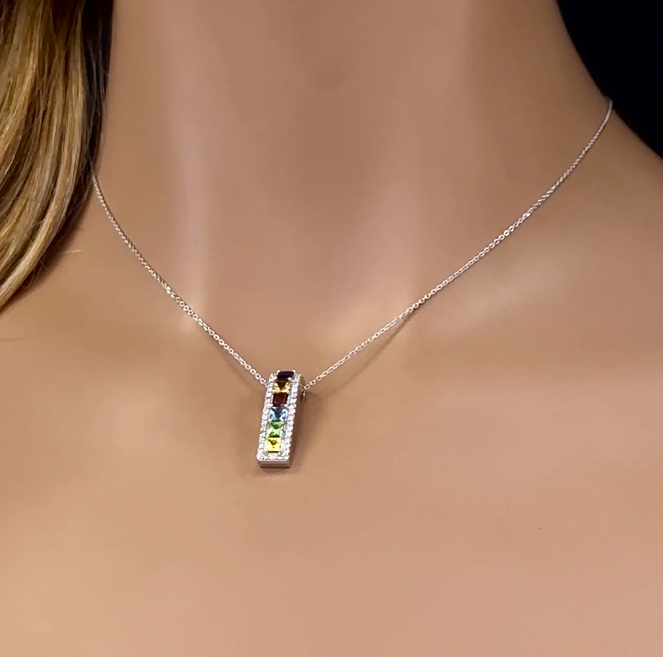 <span style="color:purple">SPECIAL!</span> 1.61ct G SI 14K White Gold Diamond & Multi Color Gemstones Pendant Neklace 16 + 2" Long - Image 2
