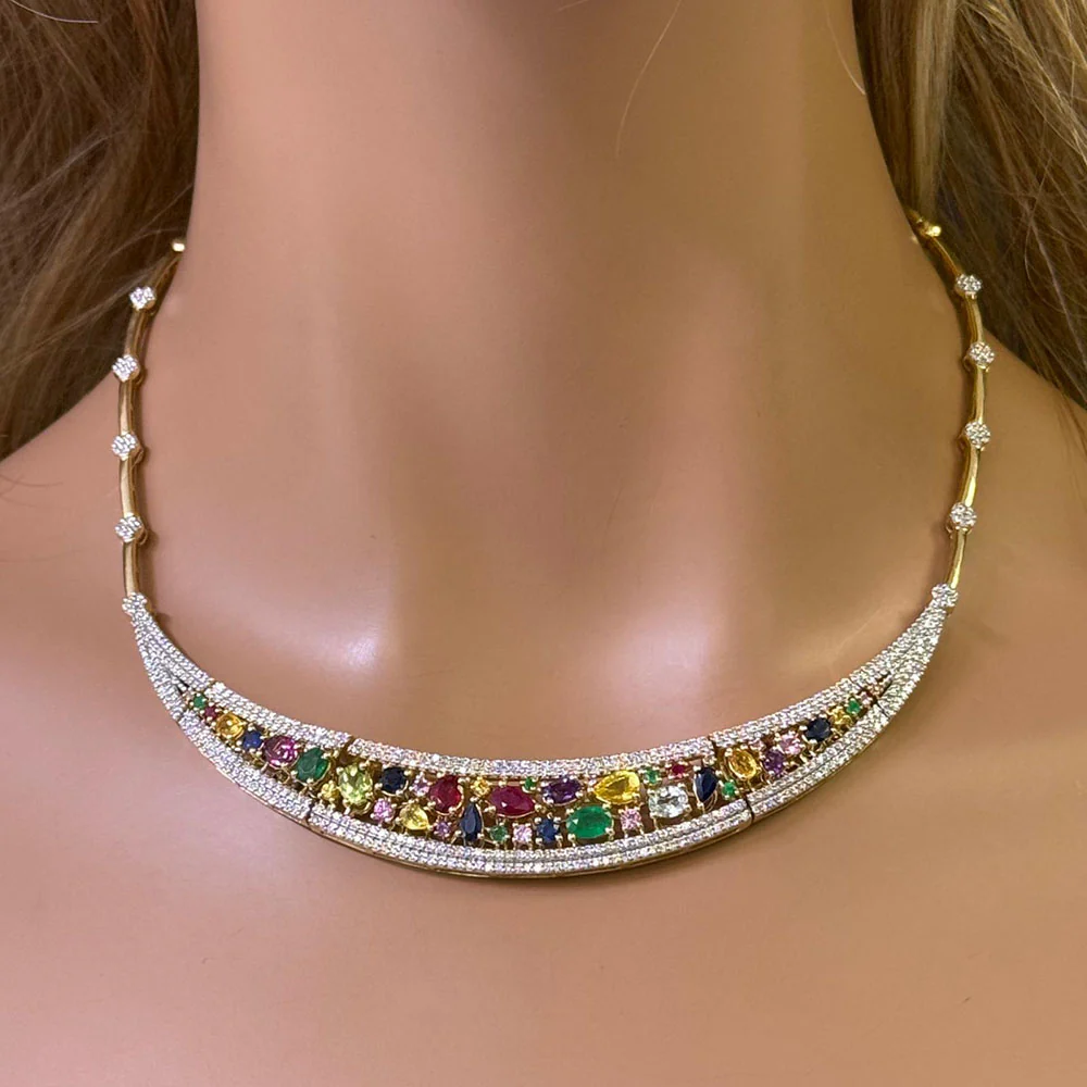 <span>DIAMOND CLOSEOUT! </span> 9.53ct G SI 14K Yellow Gold Diamond & Multi Color Gemstones Pendant Collar Necklace 15" Long - Image 2