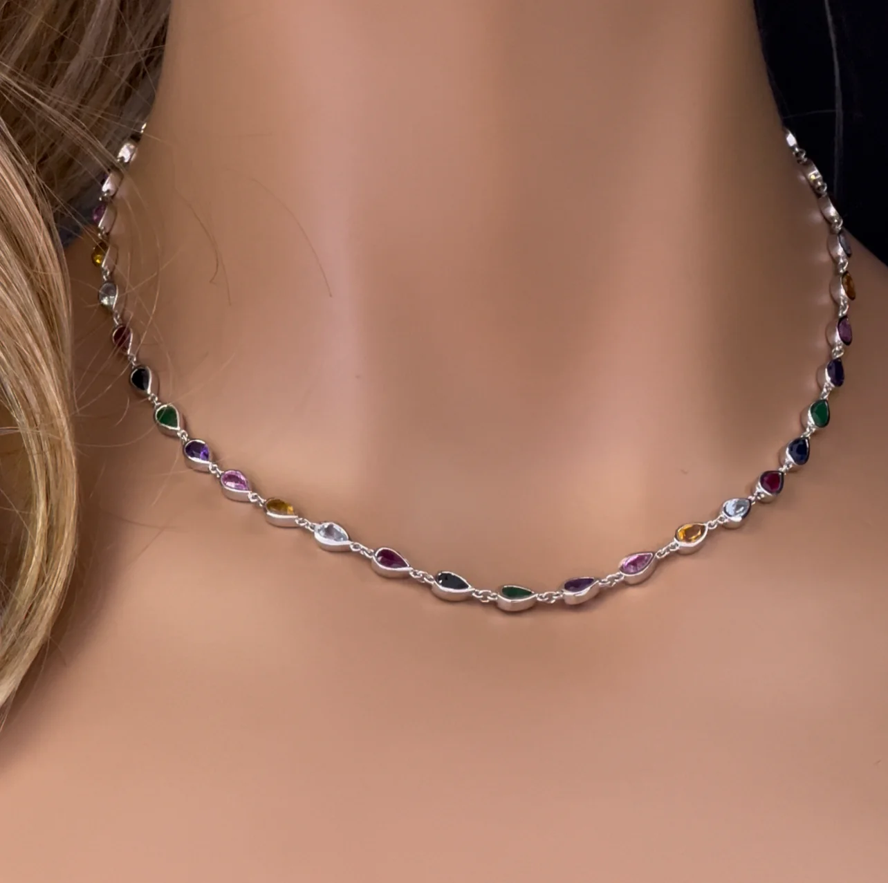 <span>GEMSTONE CLOSEOUT! </span> 6.99ct G SI 14K White Gold Bezel Set Multi Color Gemstones Pendant Necklace 16" Long - Image 2