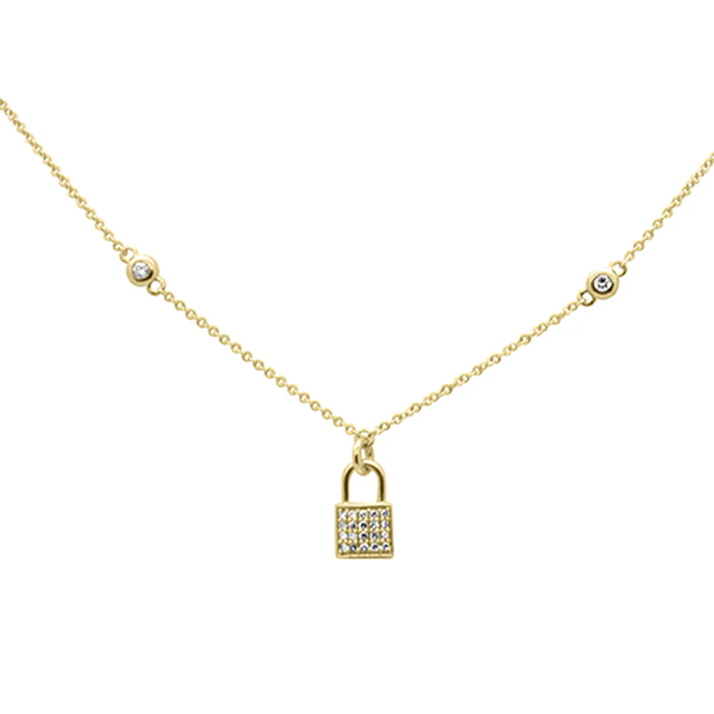 <span style="color:purple">SPECIAL!</span> .11ct G SI 14K Yellow Gold Diamond Lock Pendant Necklace 16" + 2" EXT