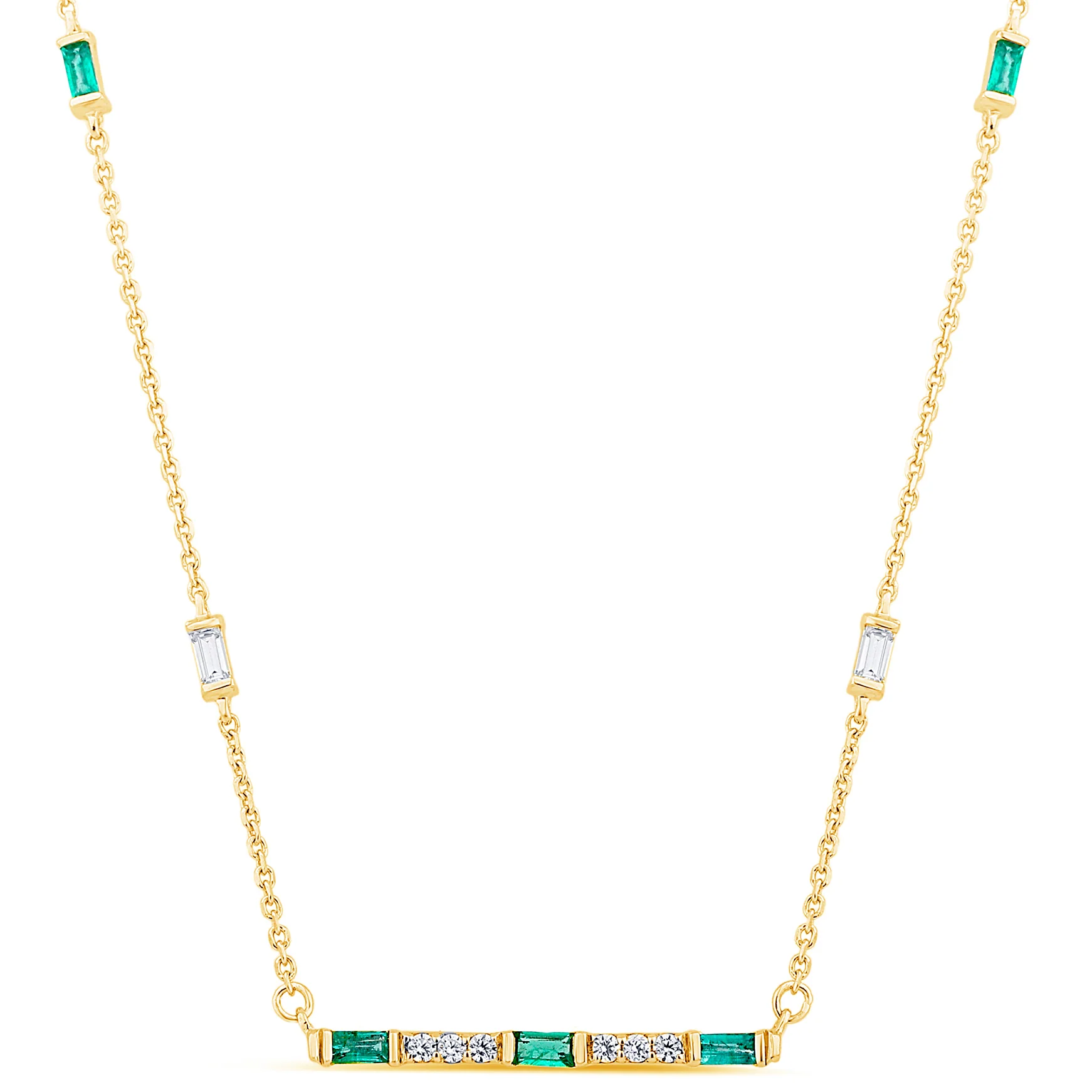 <span style="color:purple">SPECIAL!</span> .40ct G SI 14K Yellow Gold Diamond & Emerald Gemstone Bar Pendant Necklace 18" Long