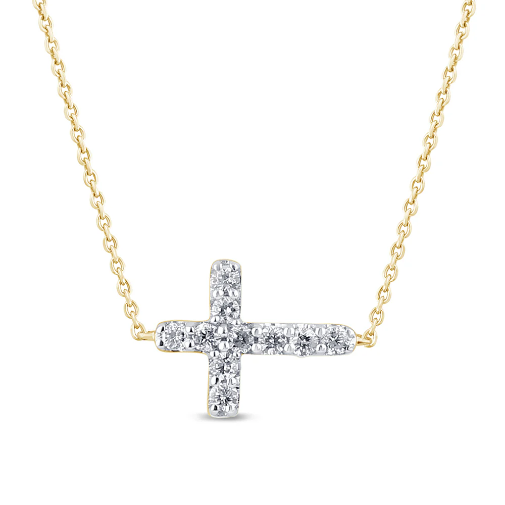 <span style="color:purple">SPECIAL!</span> .19ct G SI 14K Yellow Gold Diamond Sideways Cross Pendant Necklace 16" + 2" Ext.